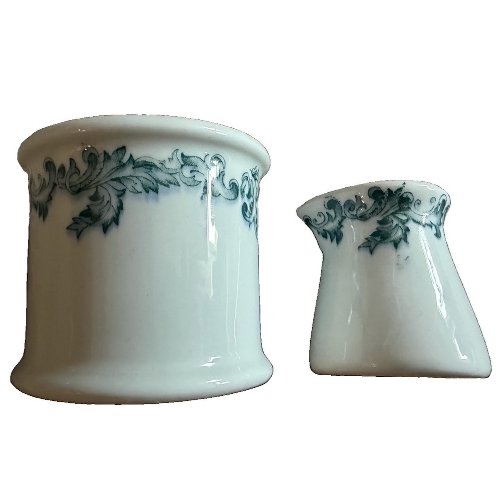 Lot 2 Vtg Albert Pick Buffalo China Sugar Bowl & Creamer Green Scroll Restaurant